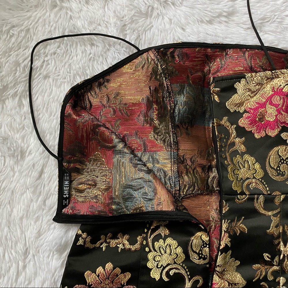 SHEIN Black & Gold Floral Damask Jacquard Brocade Victorian Mini Cocktail Dress - Picture 5 of 5